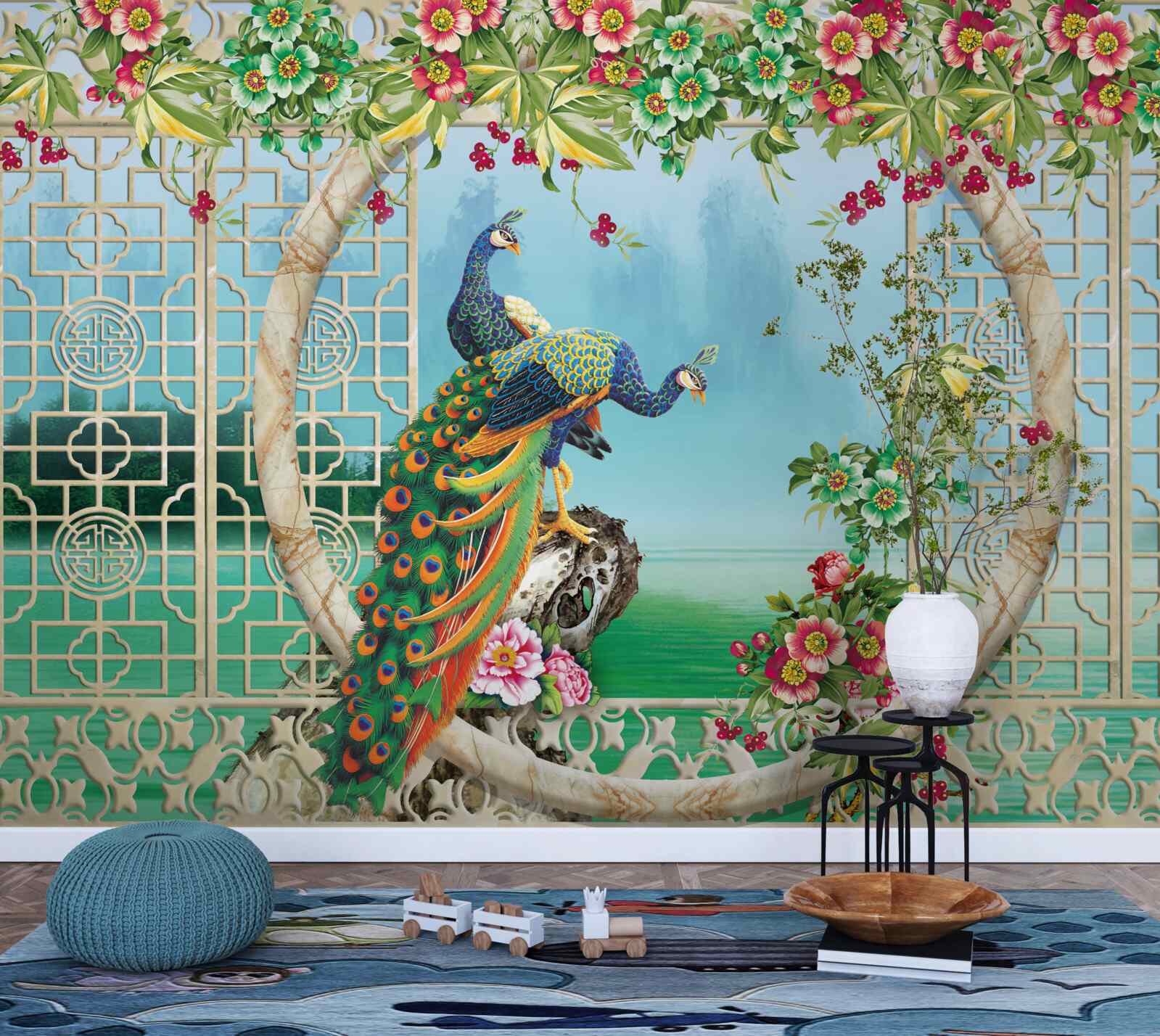 Fotobehang prachtige fazanten op een ronde brug over water