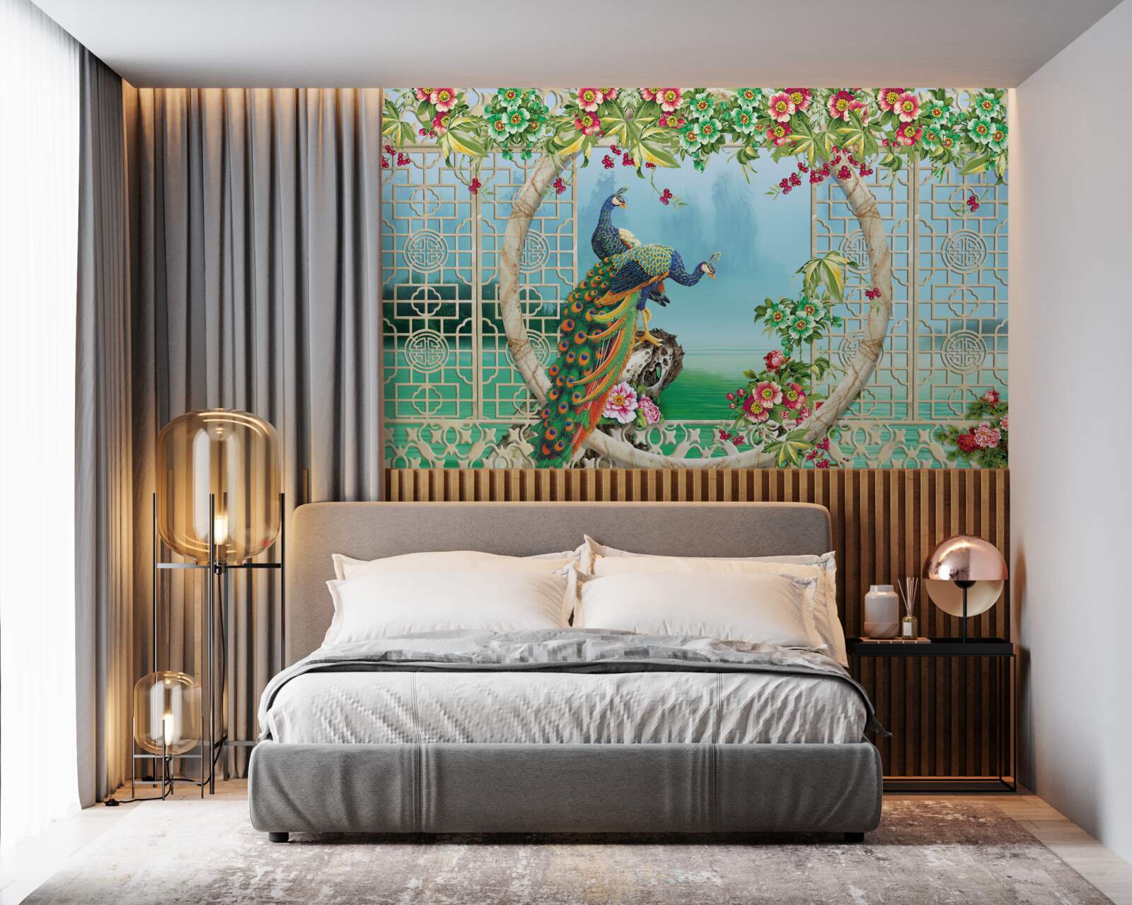 Fotobehang prachtige fazanten op een ronde brug over water