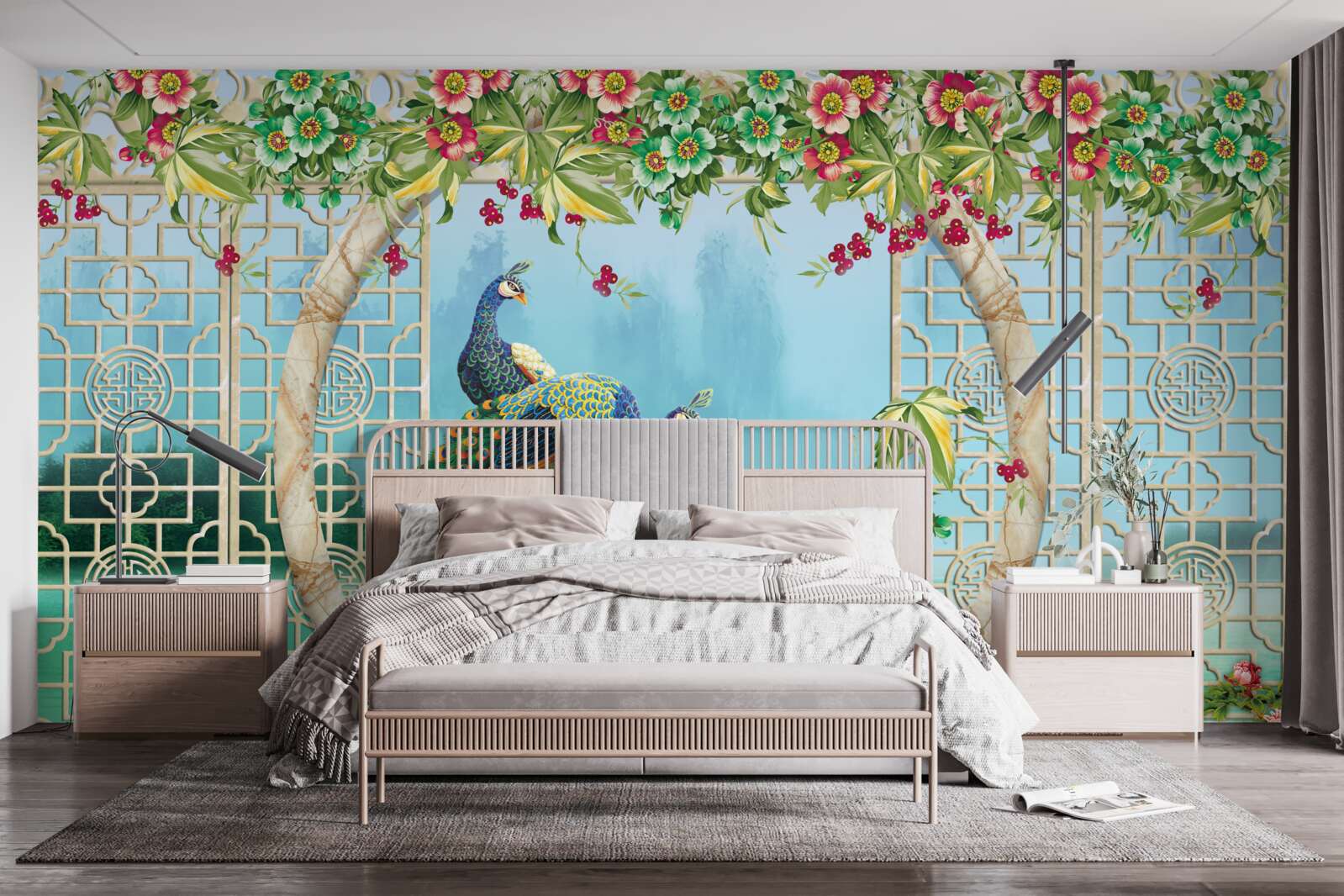 Fotobehang prachtige fazanten op een ronde brug over water