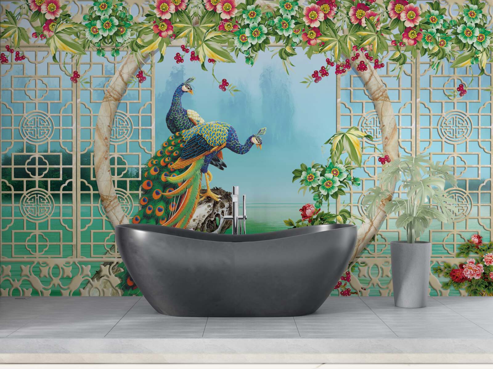 Fotobehang prachtige fazanten op een ronde brug over water