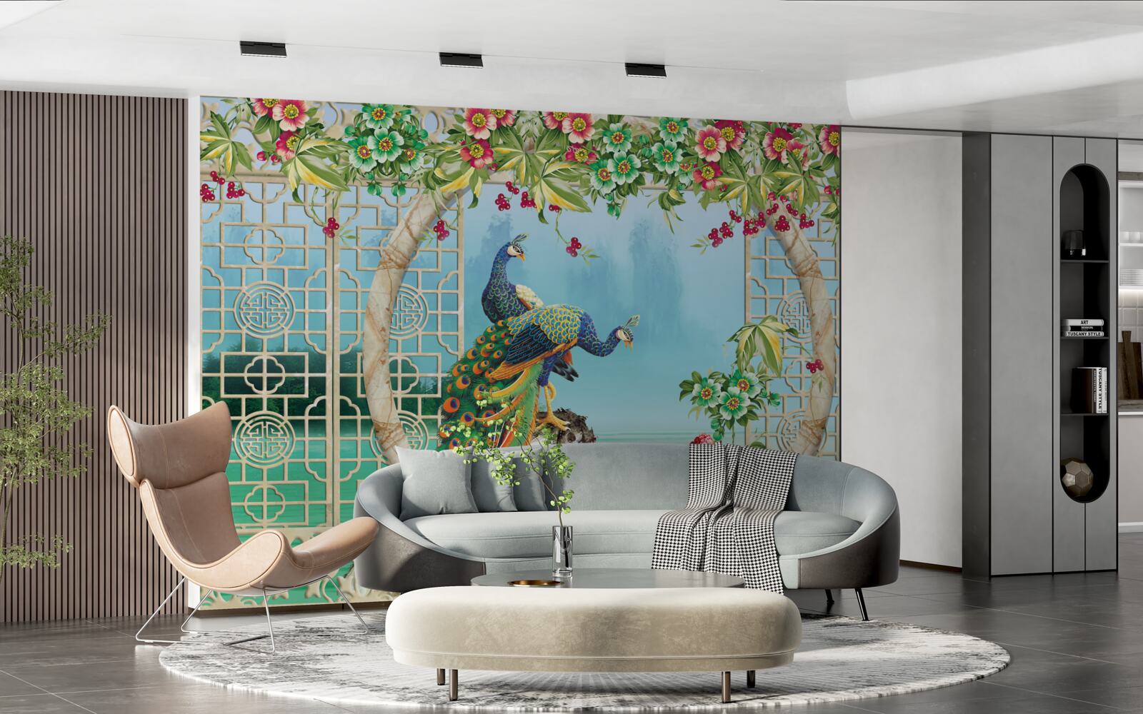 Fotobehang prachtige fazanten op een ronde brug over water