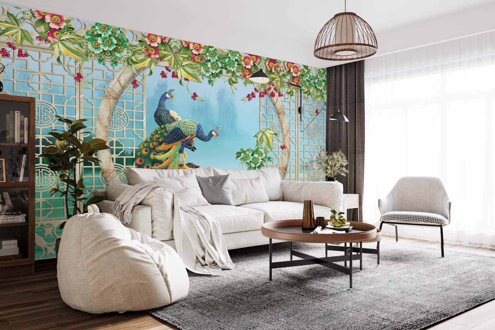 Fotobehang prachtige fazanten op een ronde brug over water