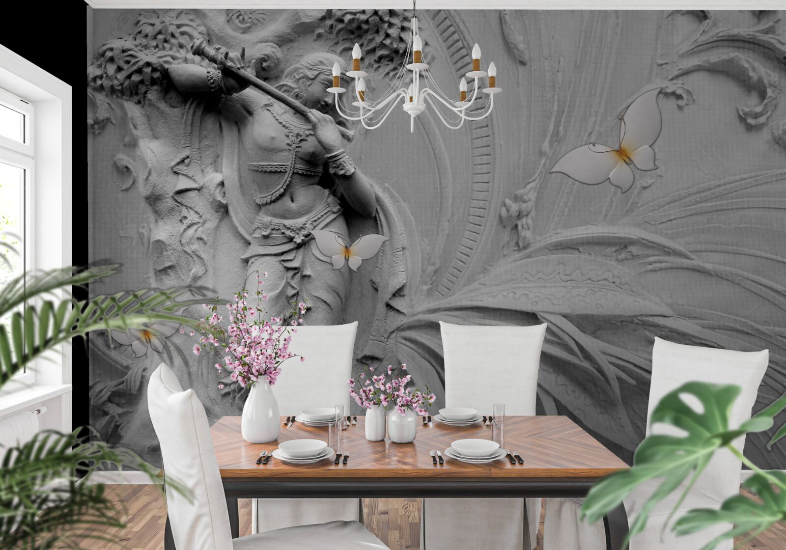 Fotobehang bas-reliëf met bloemen en witte vlinders