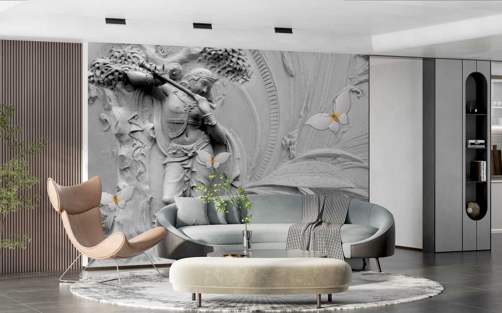 Fotobehang bas-reliëf met bloemen en witte vlinders