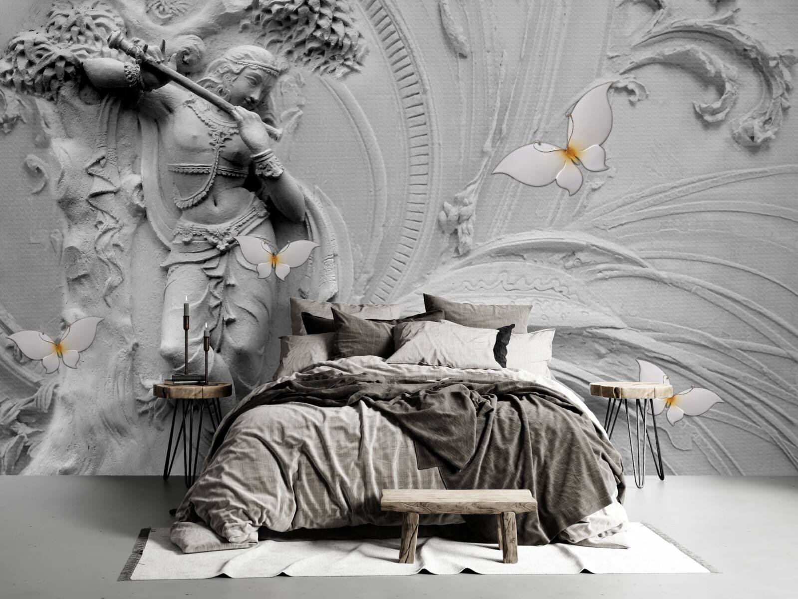 Fotobehang bas-reliëf met bloemen en witte vlinders