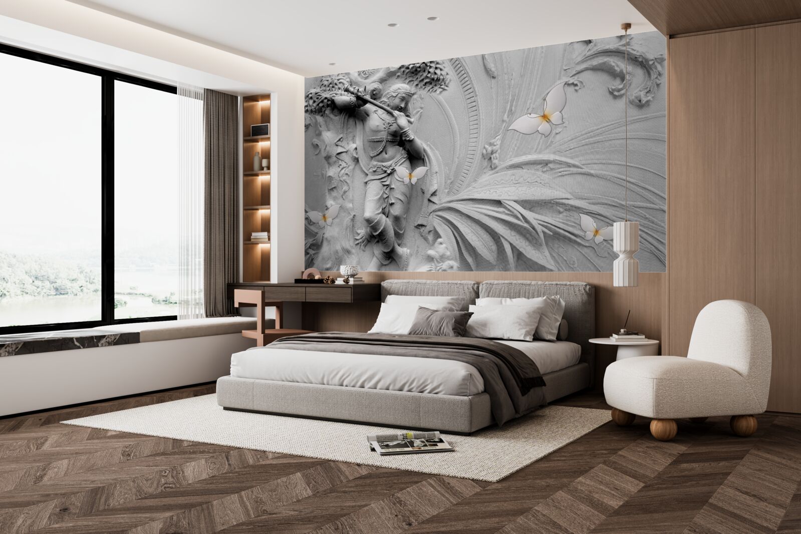 Fotobehang bas-reliëf met bloemen en witte vlinders