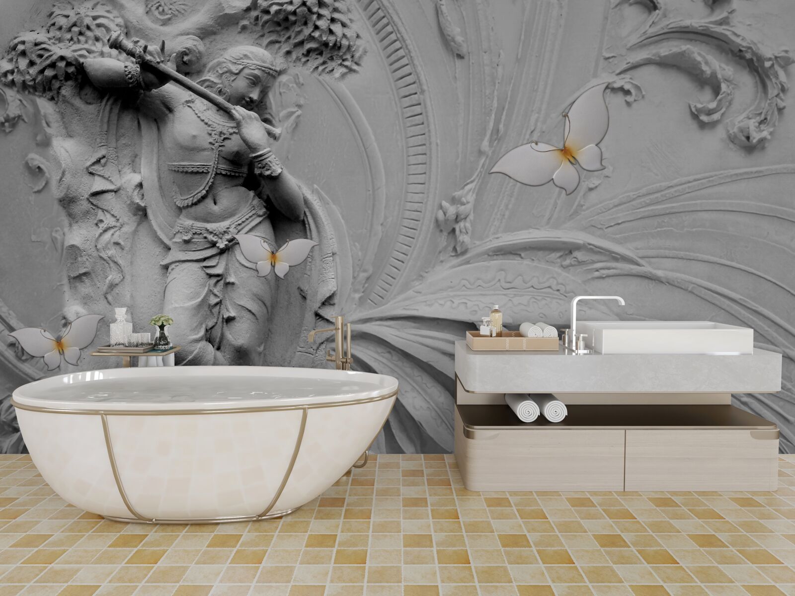 Fotobehang bas-reliëf met bloemen en witte vlinders