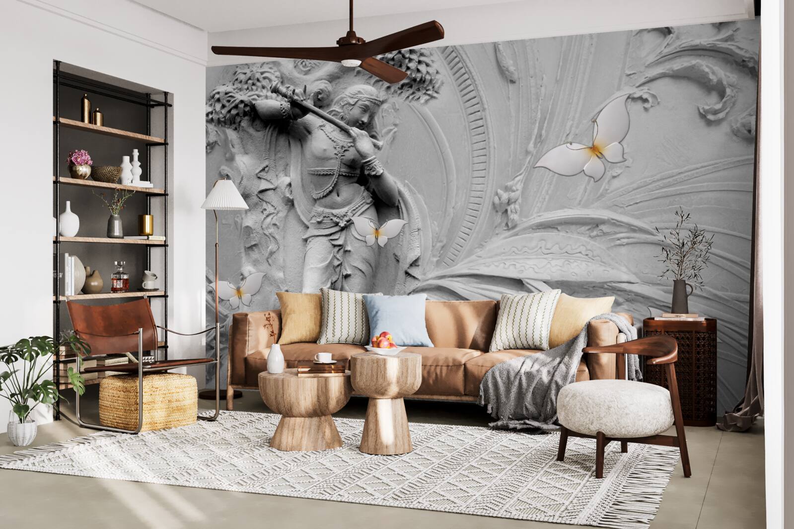 Fotobehang bas-reliëf met bloemen en witte vlinders