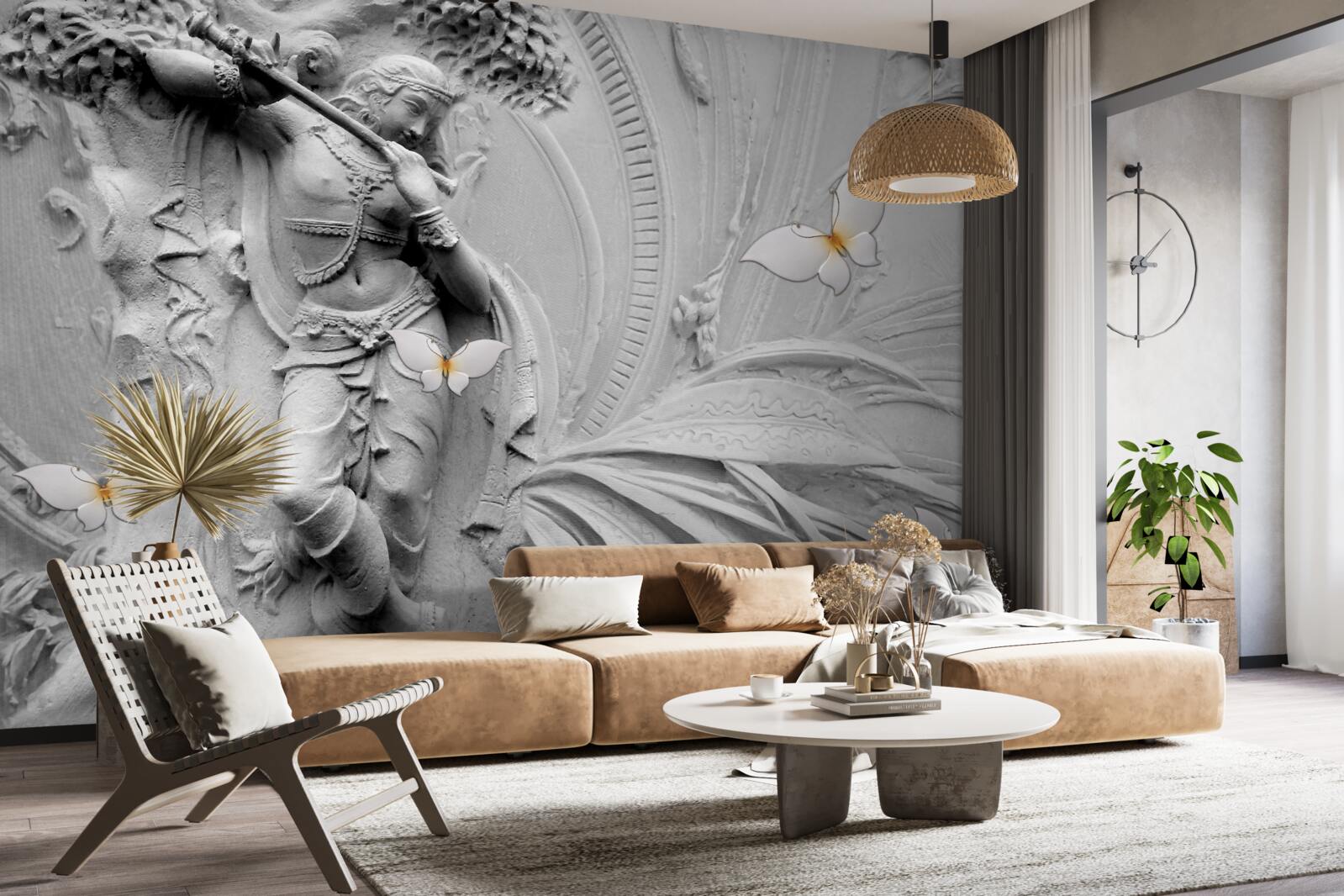 Fotobehang bas-reliëf met bloemen en witte vlinders