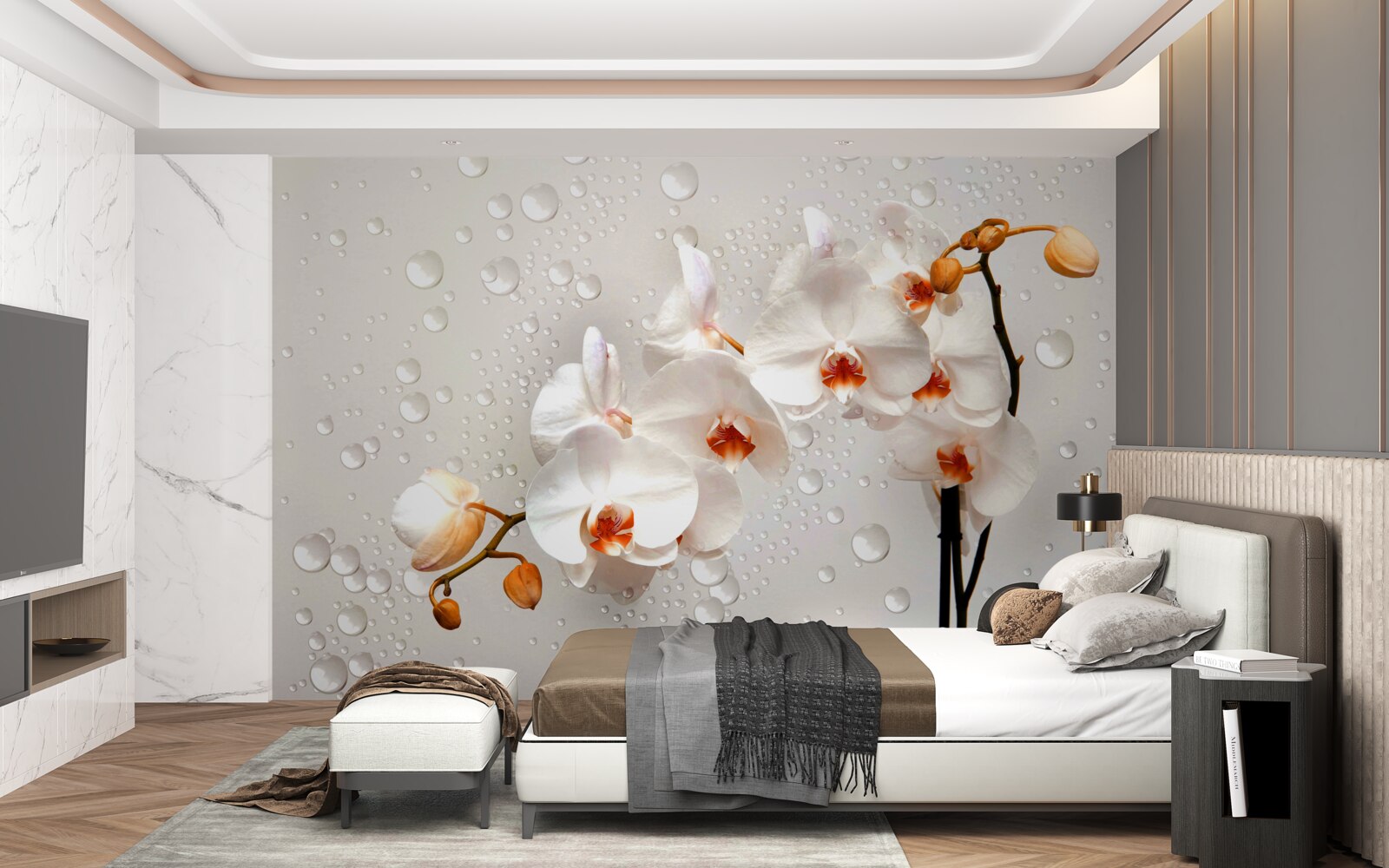 Fotobehang grote regendruppels bedekken witte lotusbloemen