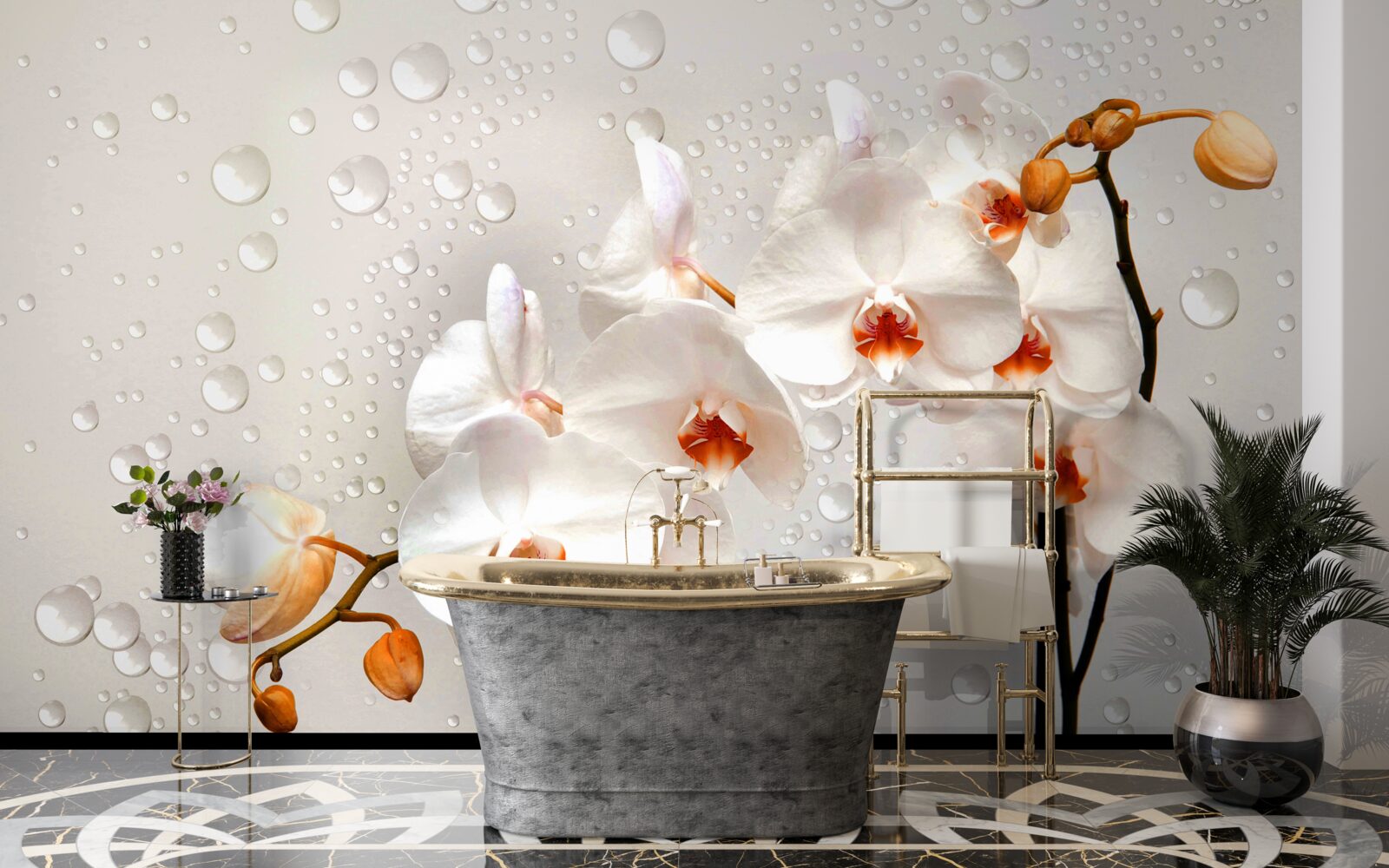 Fotobehang grote regendruppels bedekken witte lotusbloemen