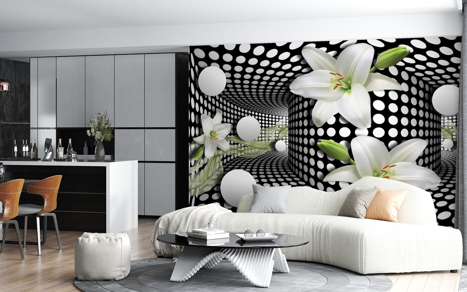 Fotobehang witte lotussen in een abstracte gang