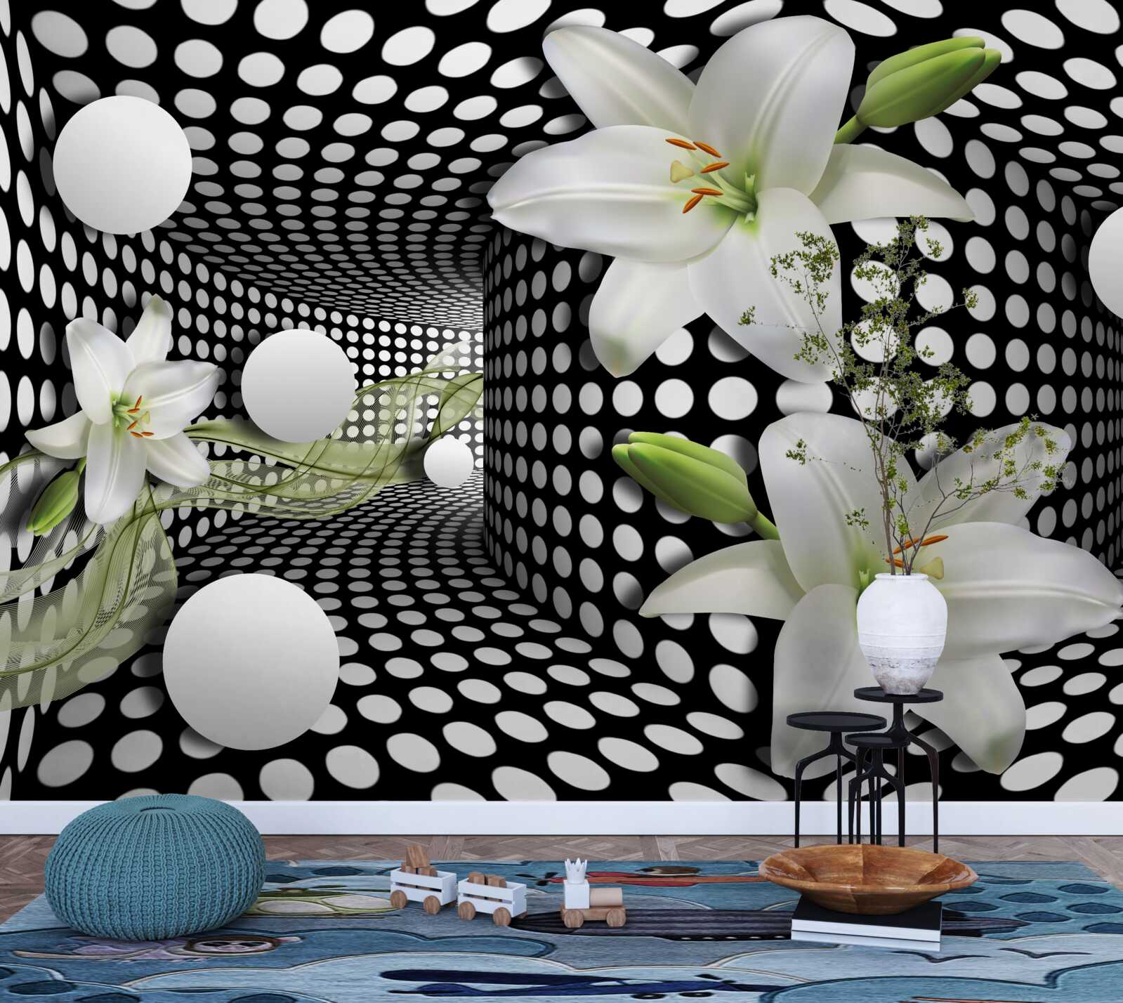 Fotobehang witte lotussen in een abstracte gang