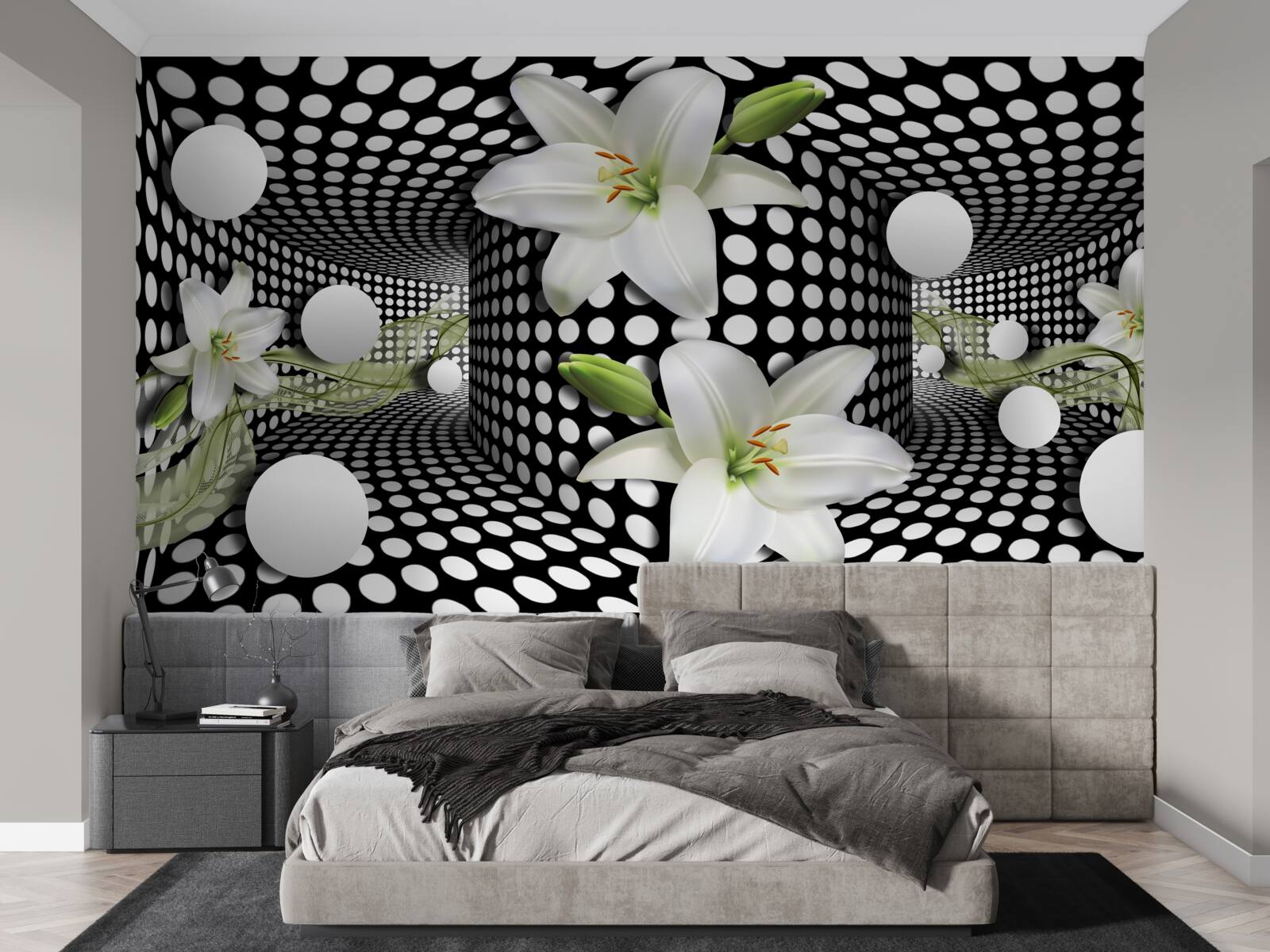 Fotobehang witte lotussen in een abstracte gang