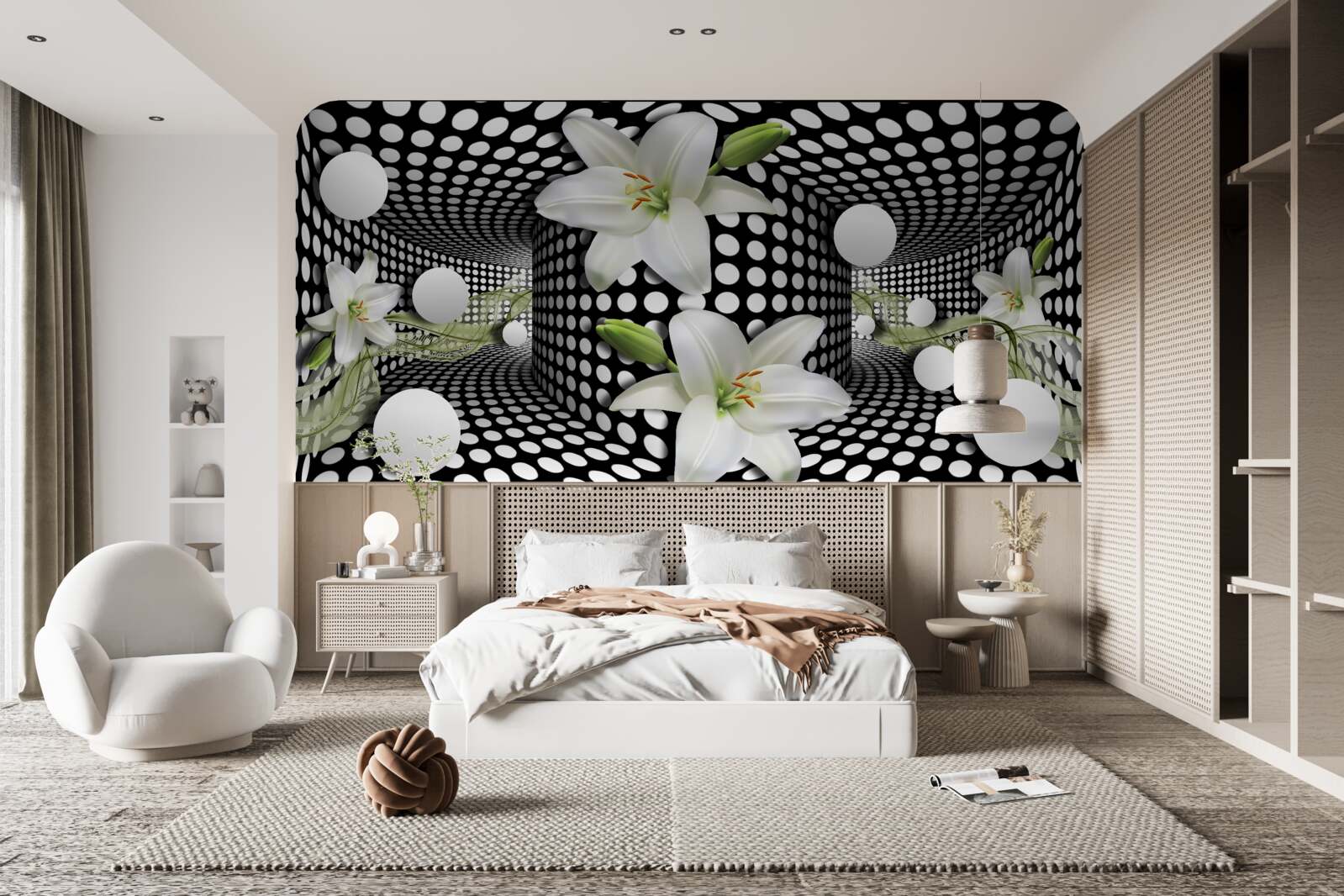 Fotobehang witte lotussen in een abstracte gang