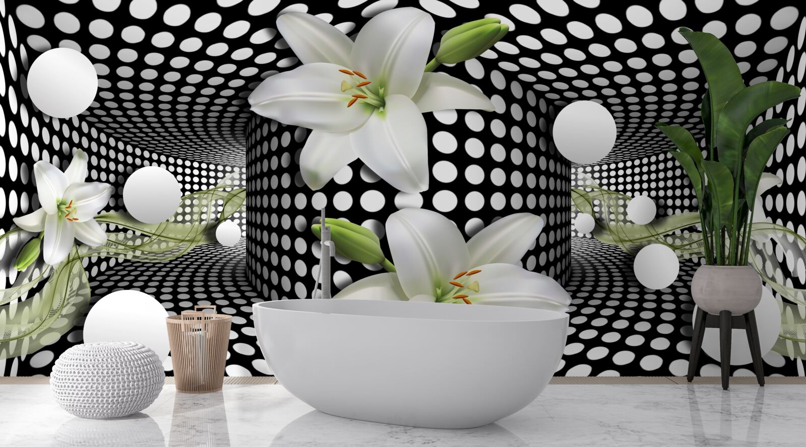Fotobehang witte lotussen in een abstracte gang