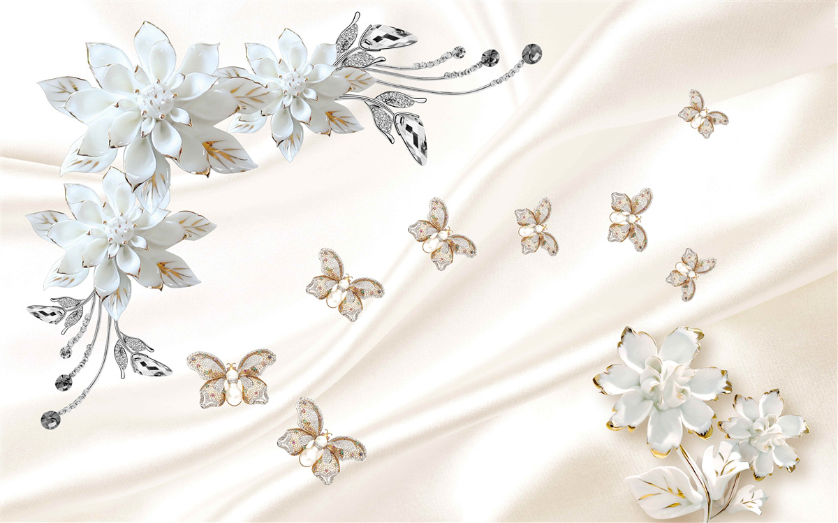 Fotobehang zijden vlinders fladderen over de bloemen