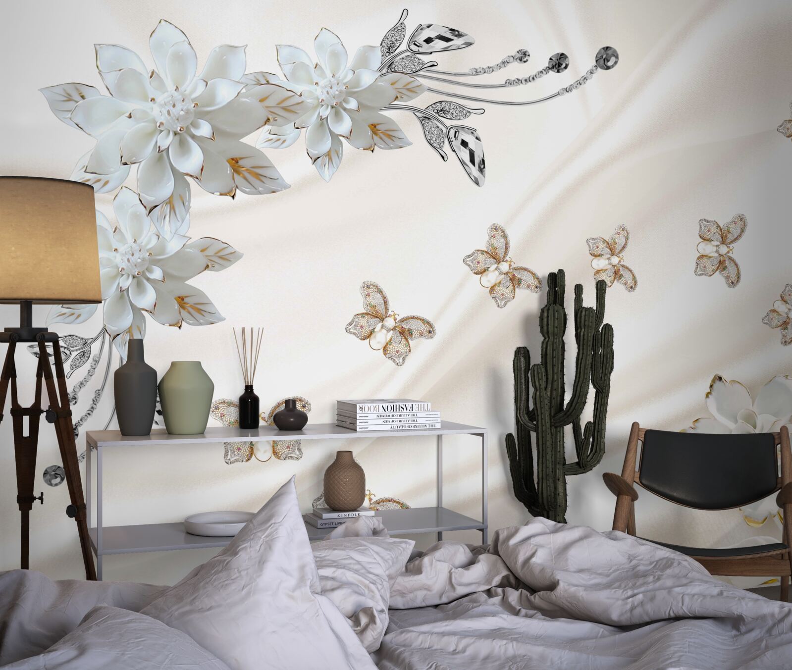 Fotobehang zijden vlinders fladderen over de bloemen