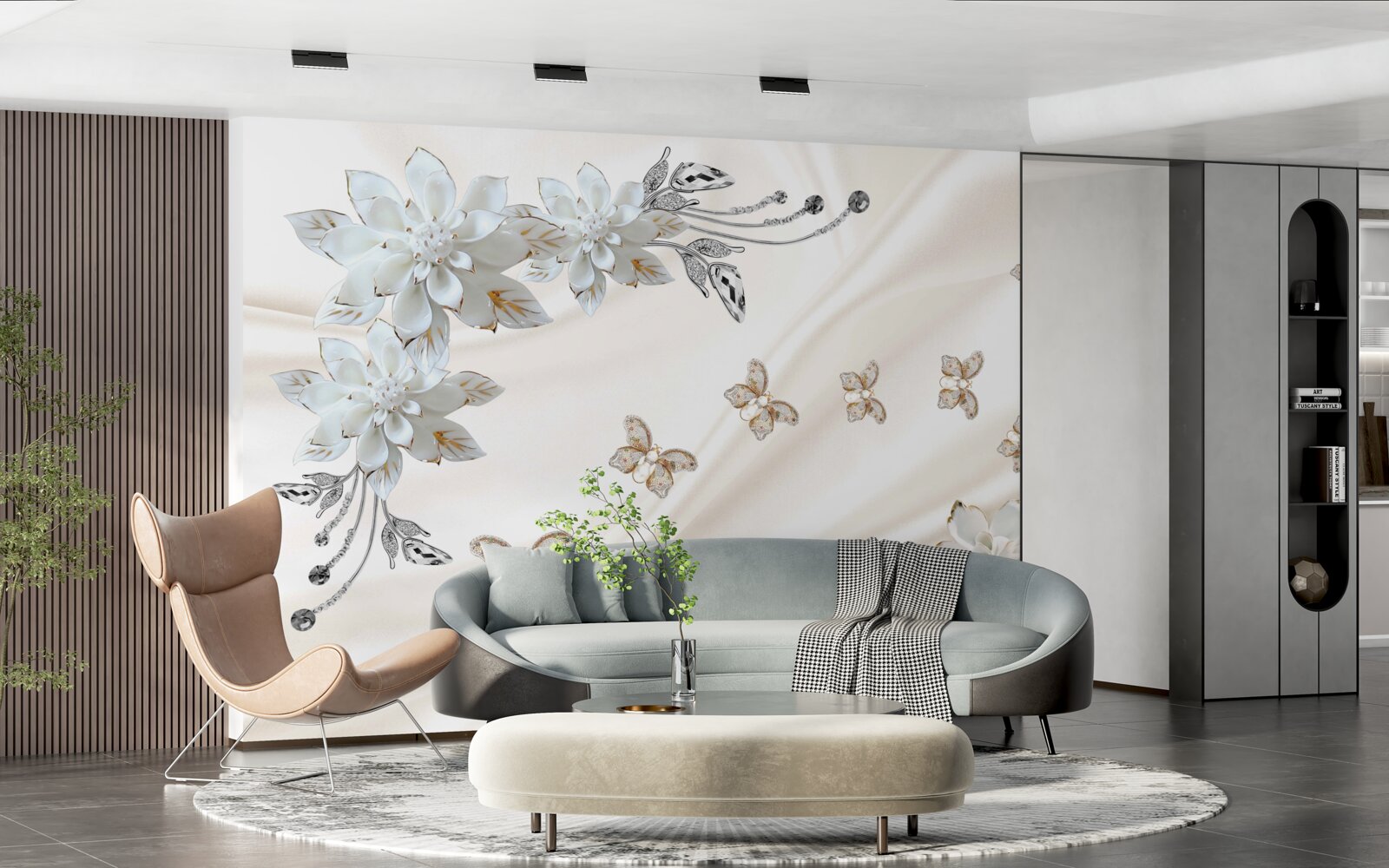 Fotobehang zijden vlinders fladderen over de bloemen