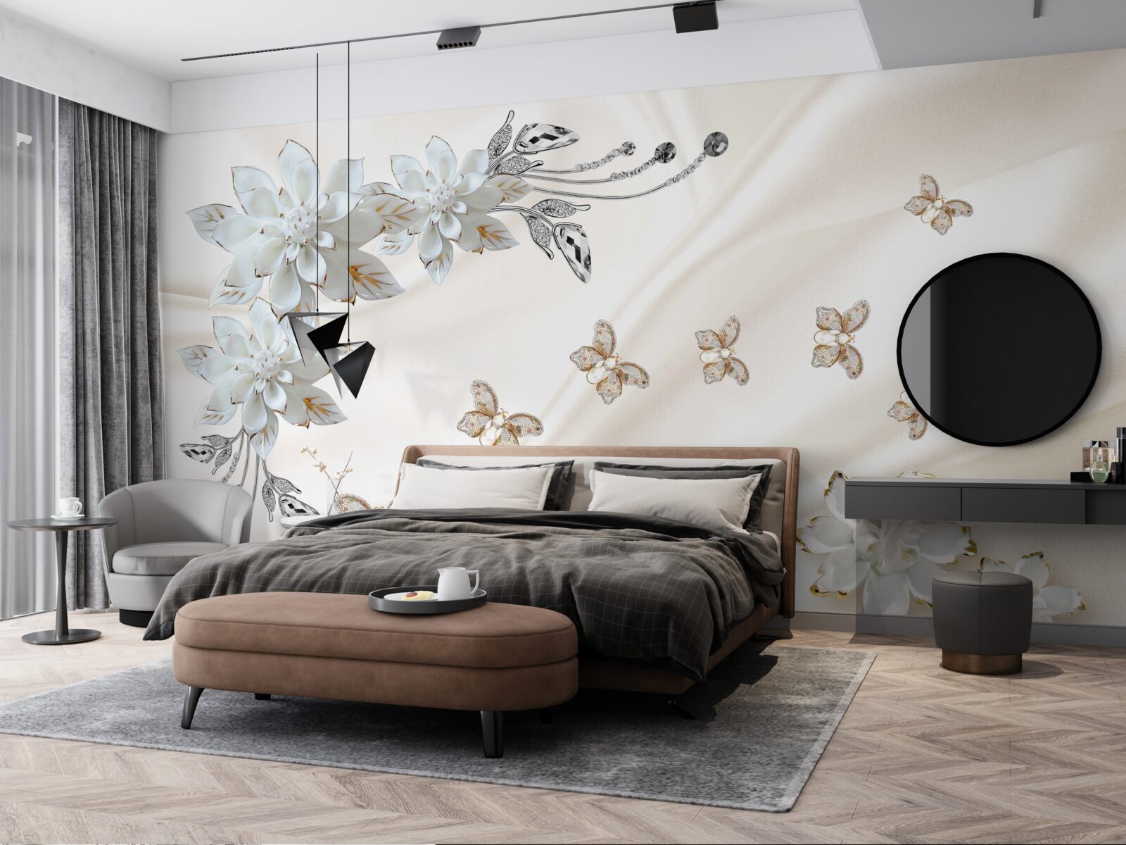 Fotobehang zijden vlinders fladderen over de bloemen