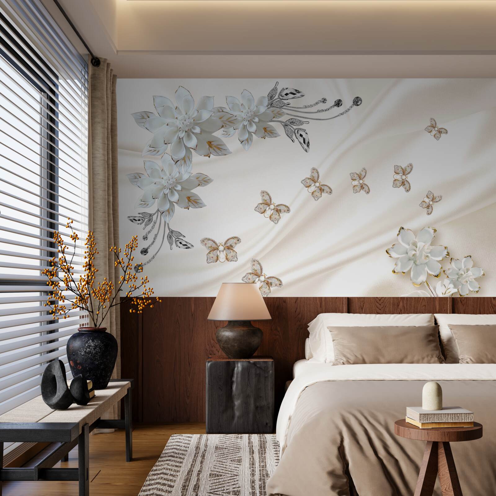 Fotobehang zijden vlinders fladderen over de bloemen