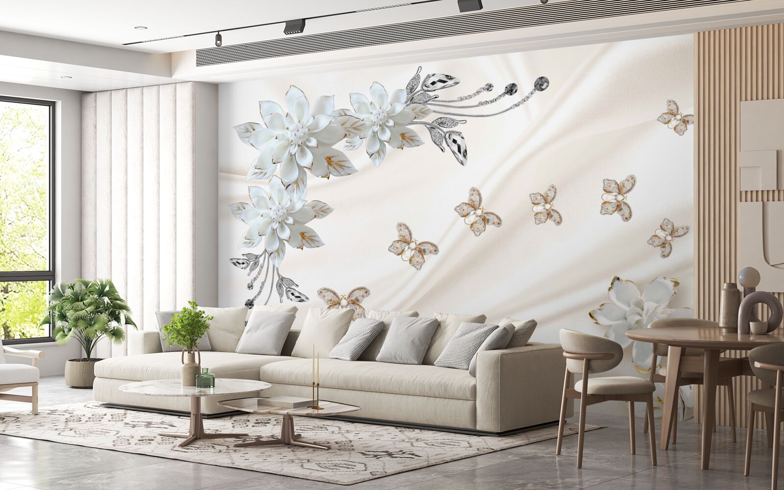 Fotobehang zijden vlinders fladderen over de bloemen