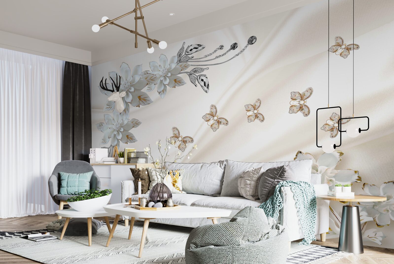 Fotobehang zijden vlinders fladderen over de bloemen