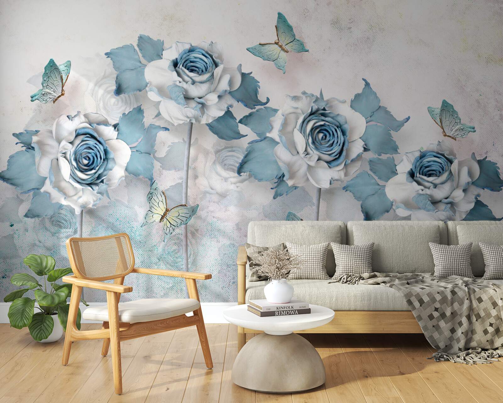 Fotobehang sierlijke rozen van textiel en sieraden met motten