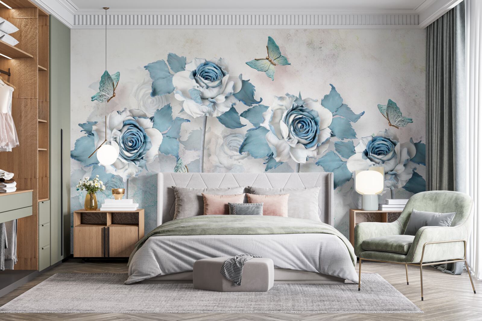 Fotobehang sierlijke rozen van textiel en sieraden met motten