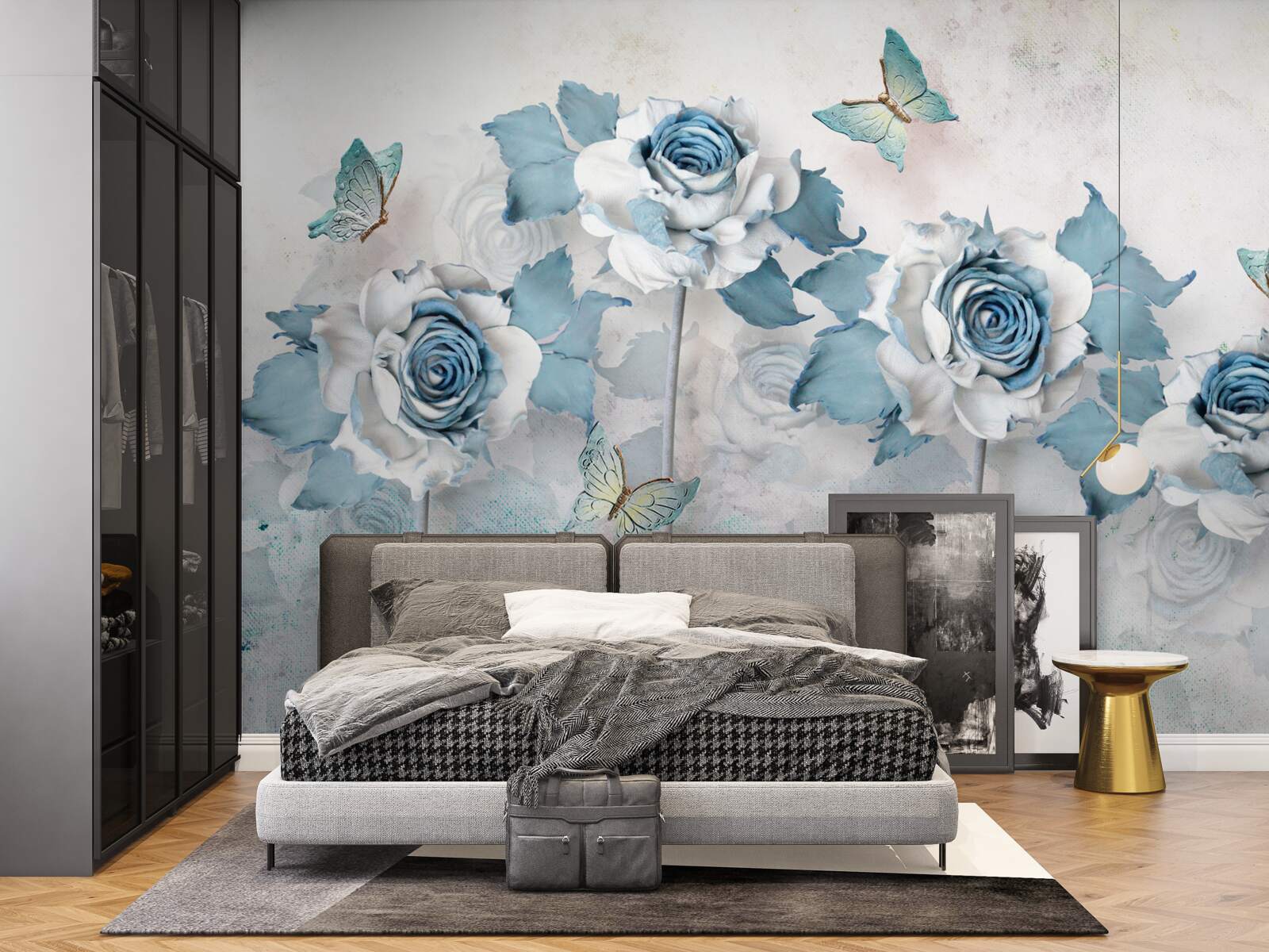 Fotobehang sierlijke rozen van textiel en sieraden met motten