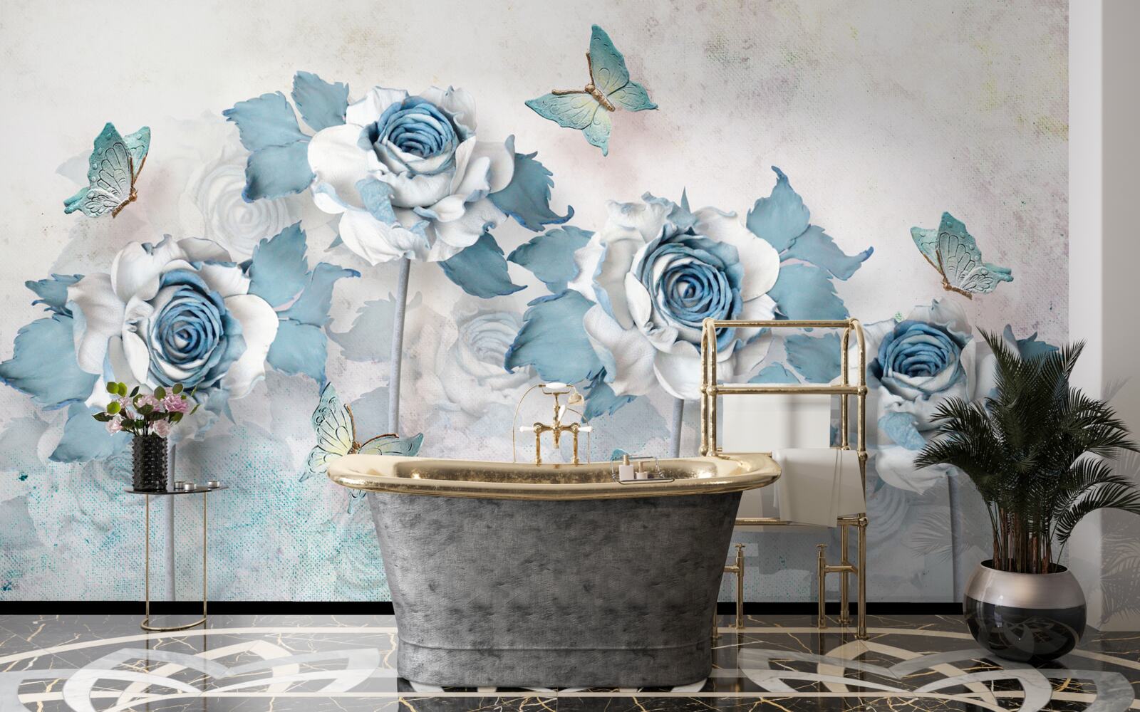 Fotobehang sierlijke rozen van textiel en sieraden met motten