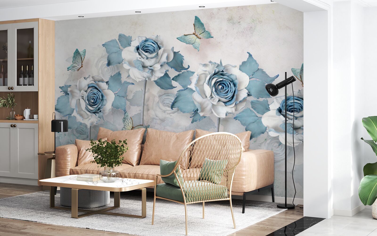 Fotobehang sierlijke rozen van textiel en sieraden met motten