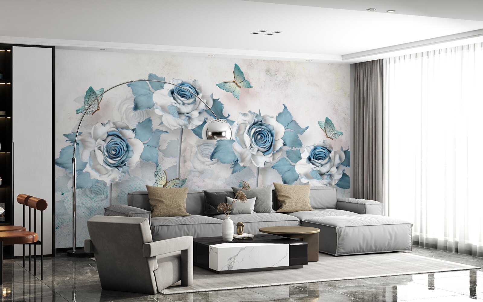 Fotobehang sierlijke rozen van textiel en sieraden met motten