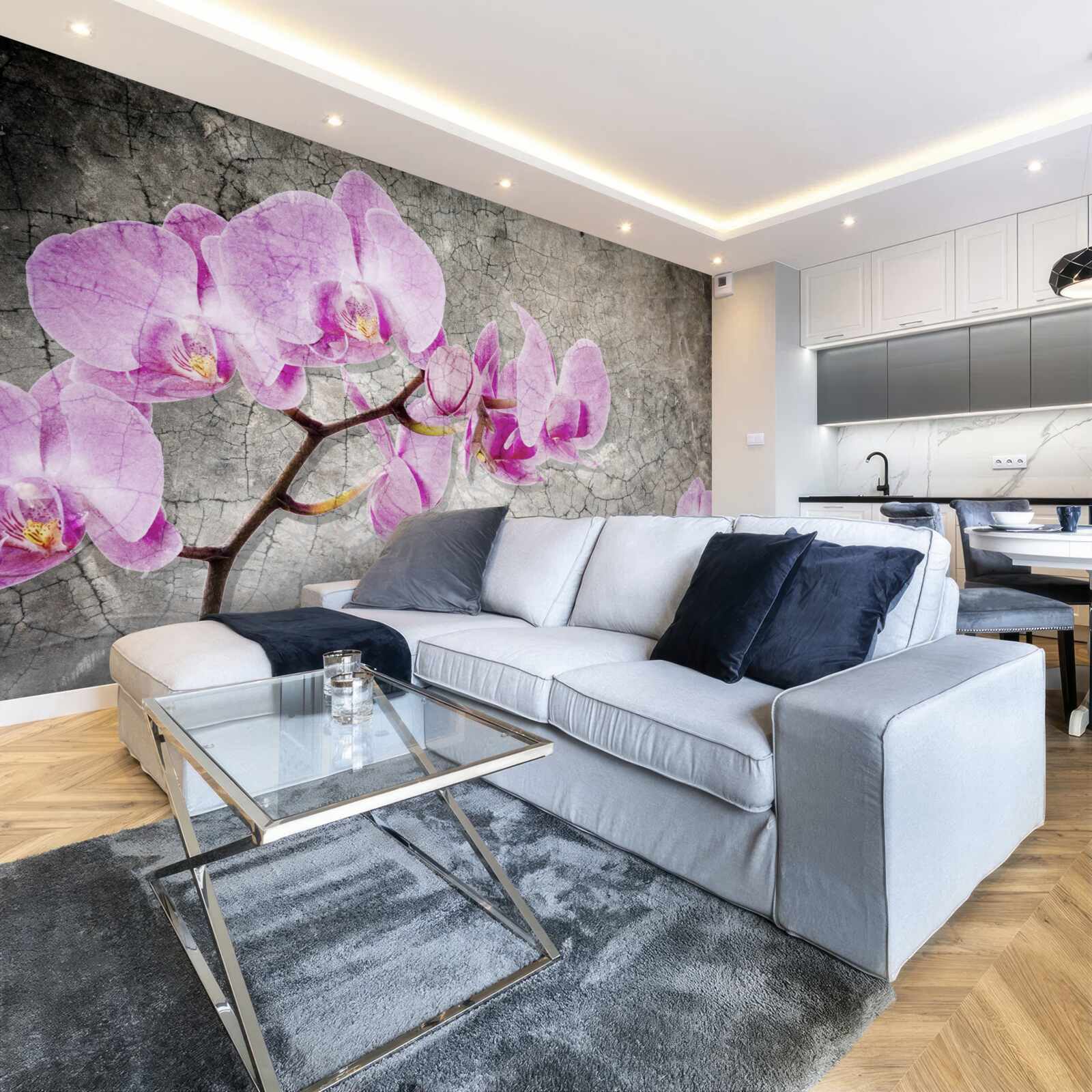 Fotobehang lila orchideeëntakken op grijze achtergrond