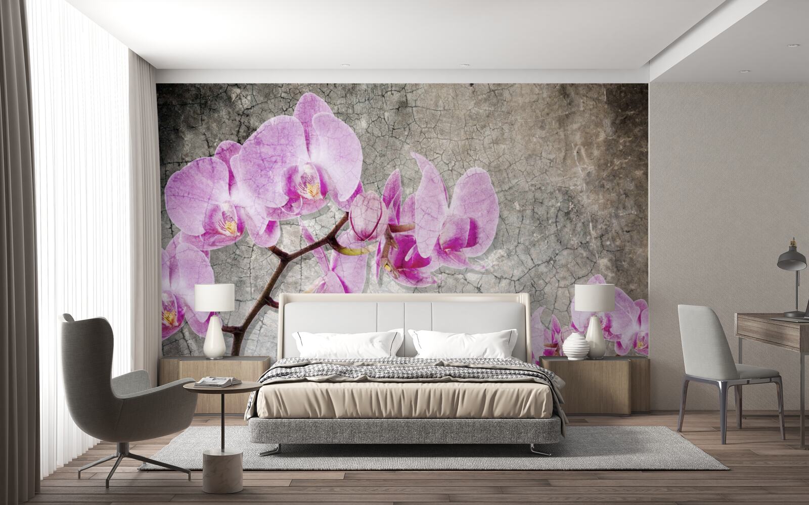 Fotobehang lila orchideeëntakken op grijze achtergrond