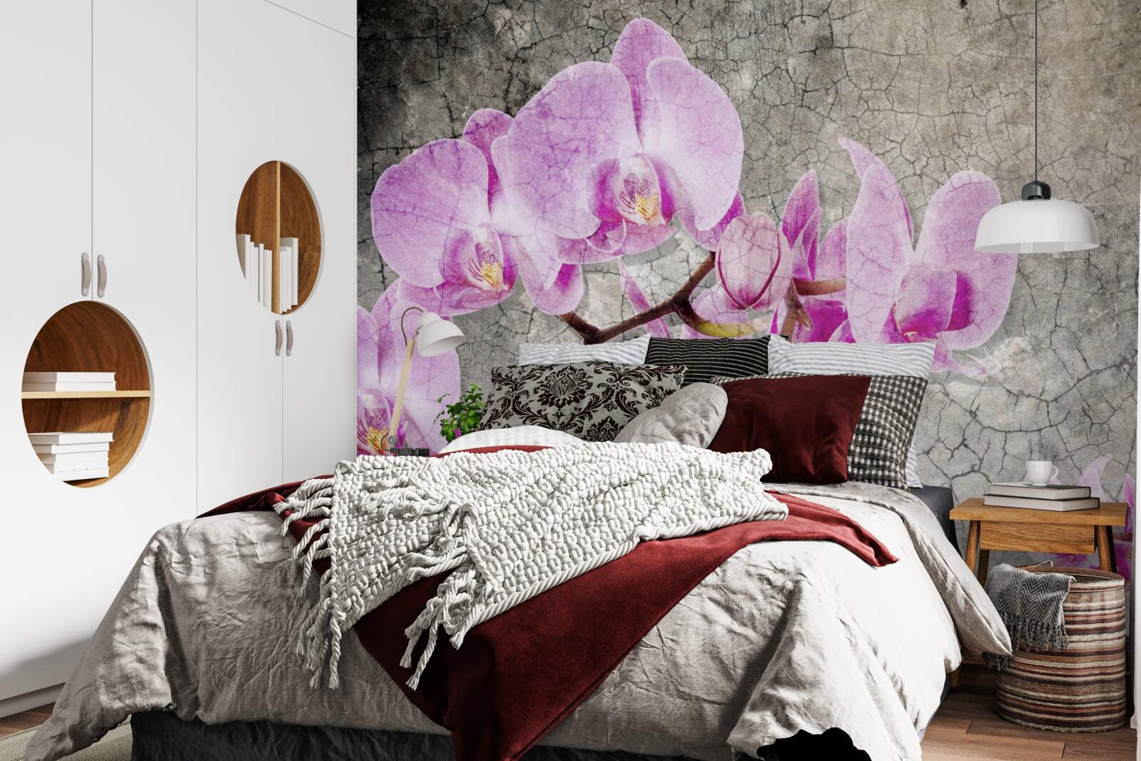 Fotobehang lila orchideeëntakken op grijze achtergrond