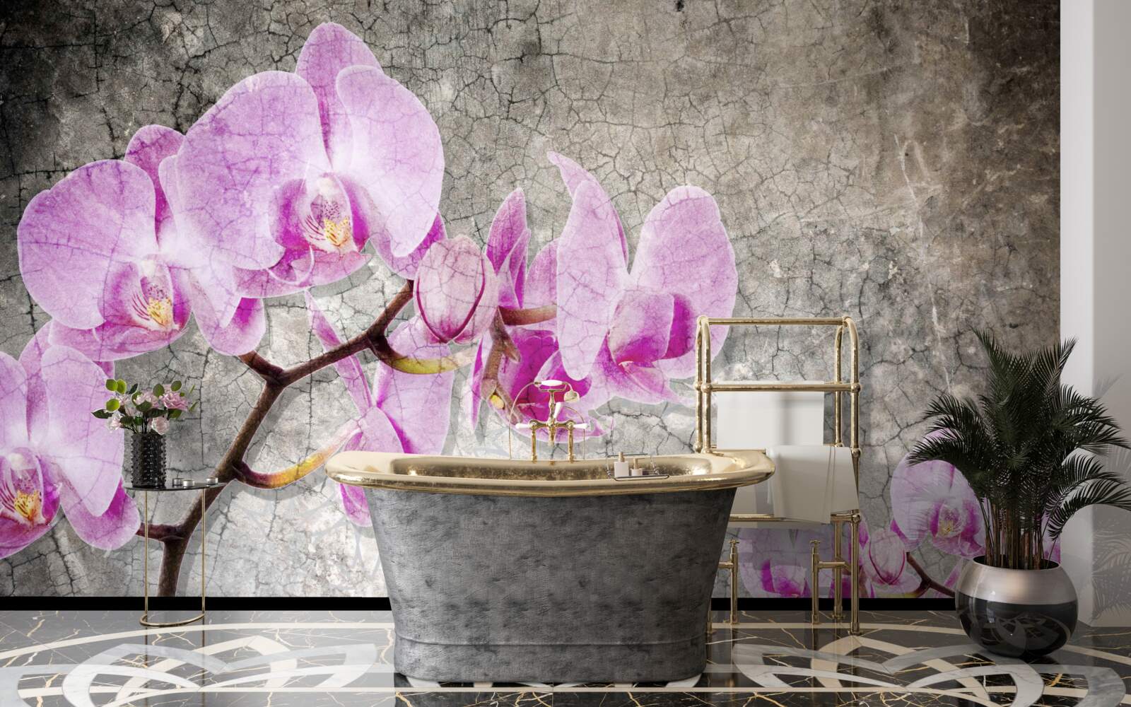 Fotobehang lila orchideeëntakken op grijze achtergrond