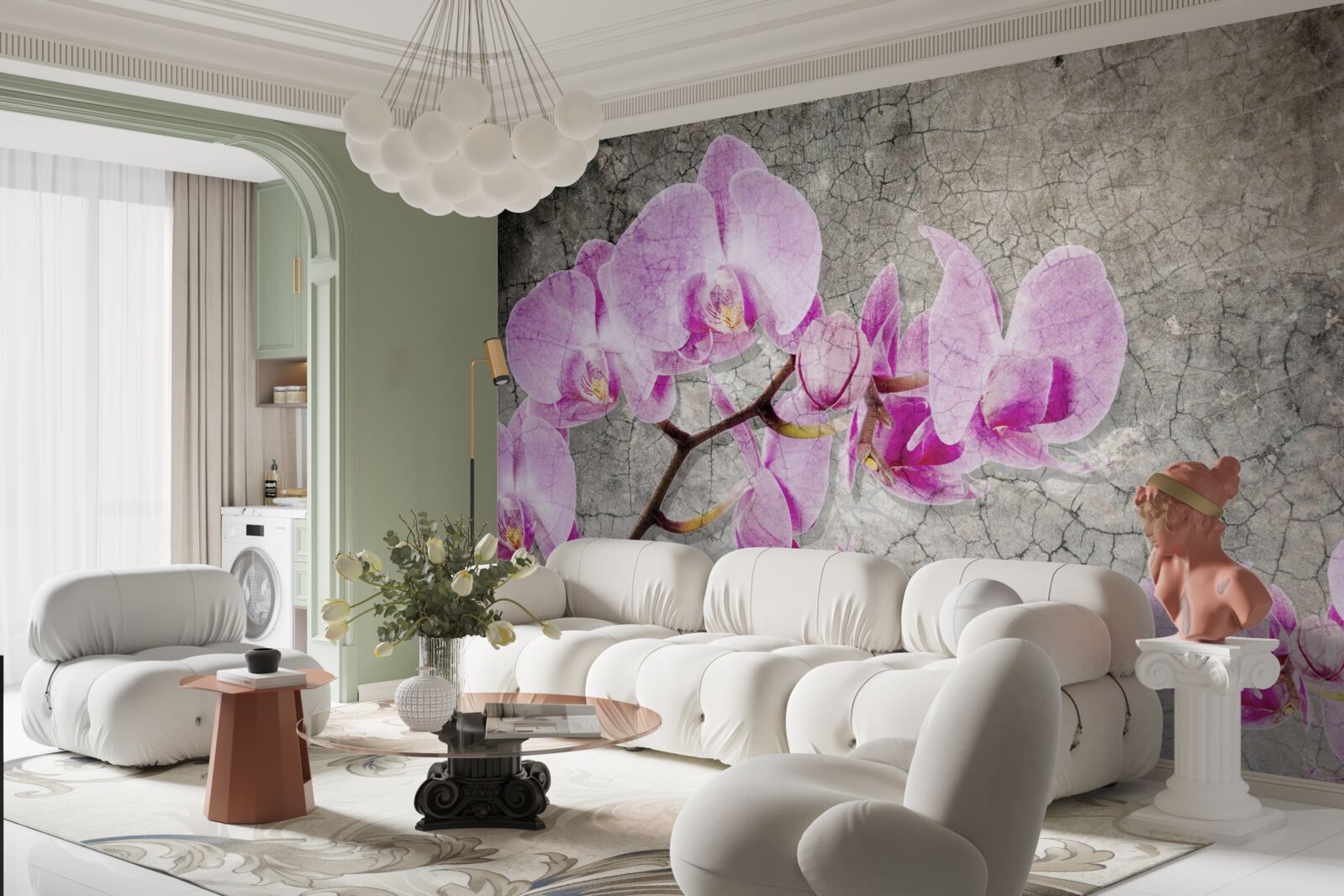 Fotobehang lila orchideeëntakken op grijze achtergrond