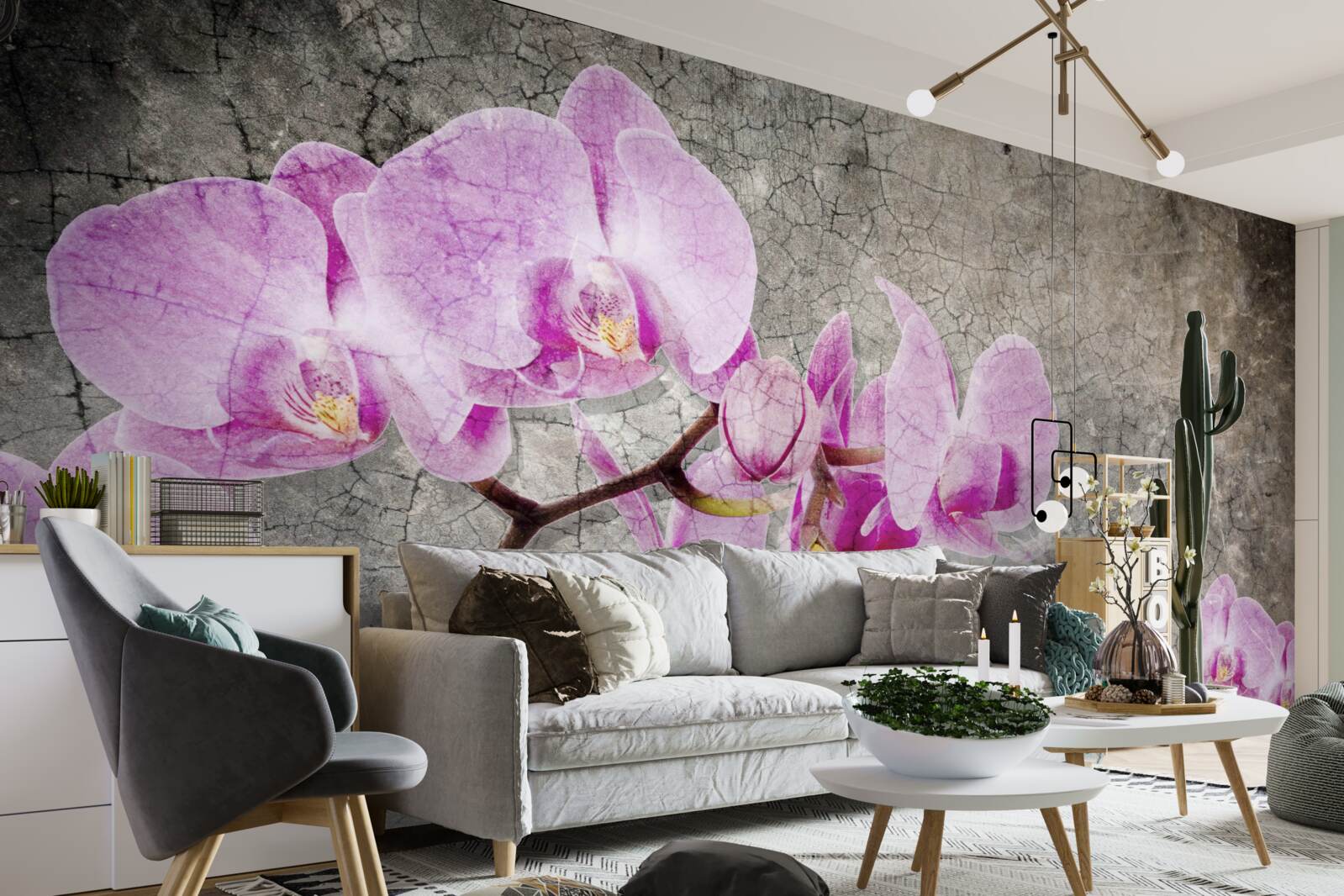 Fotobehang lila orchideeëntakken op grijze achtergrond