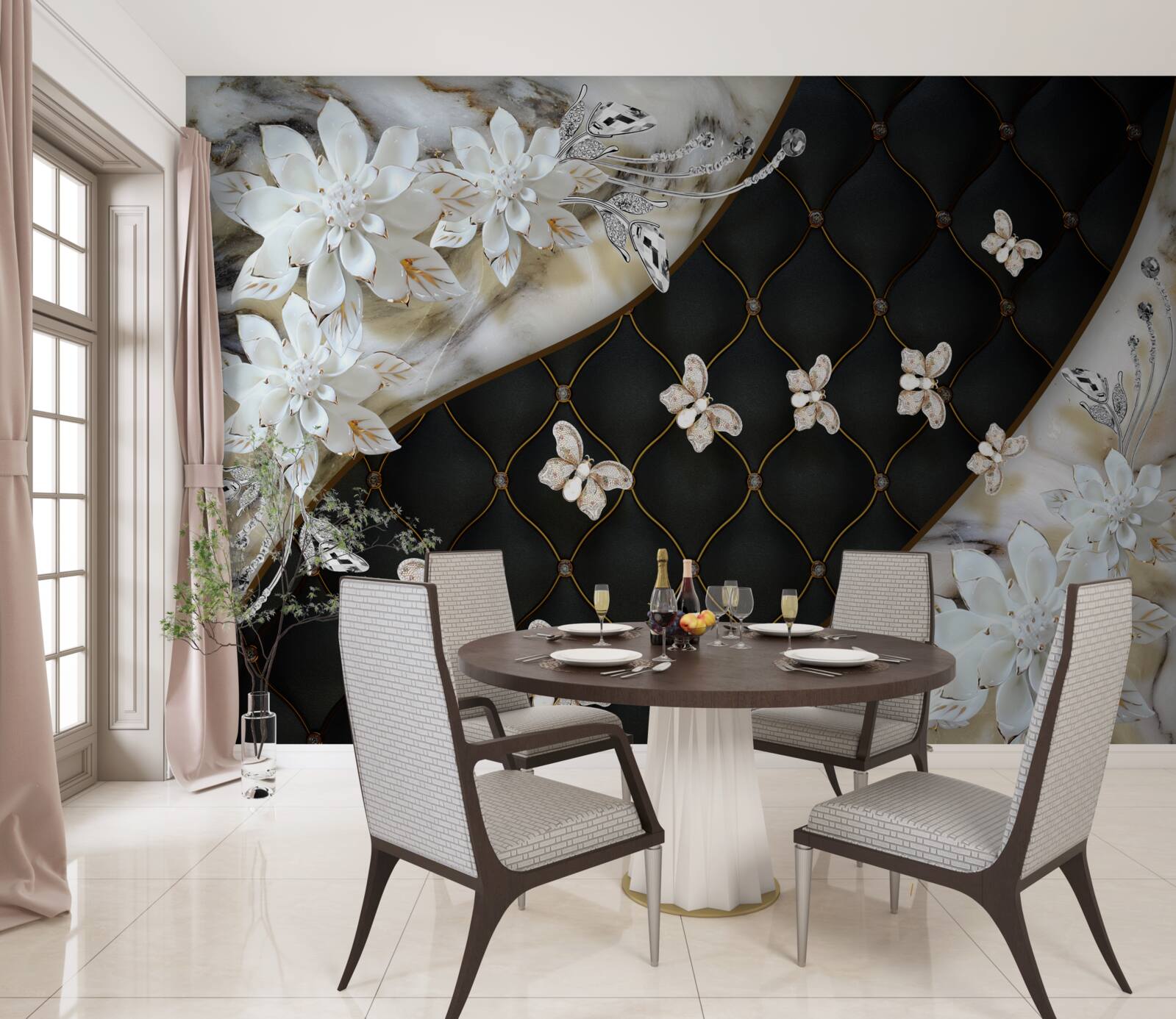 Fotobehang lichte vlinders dalen neer op bloemen