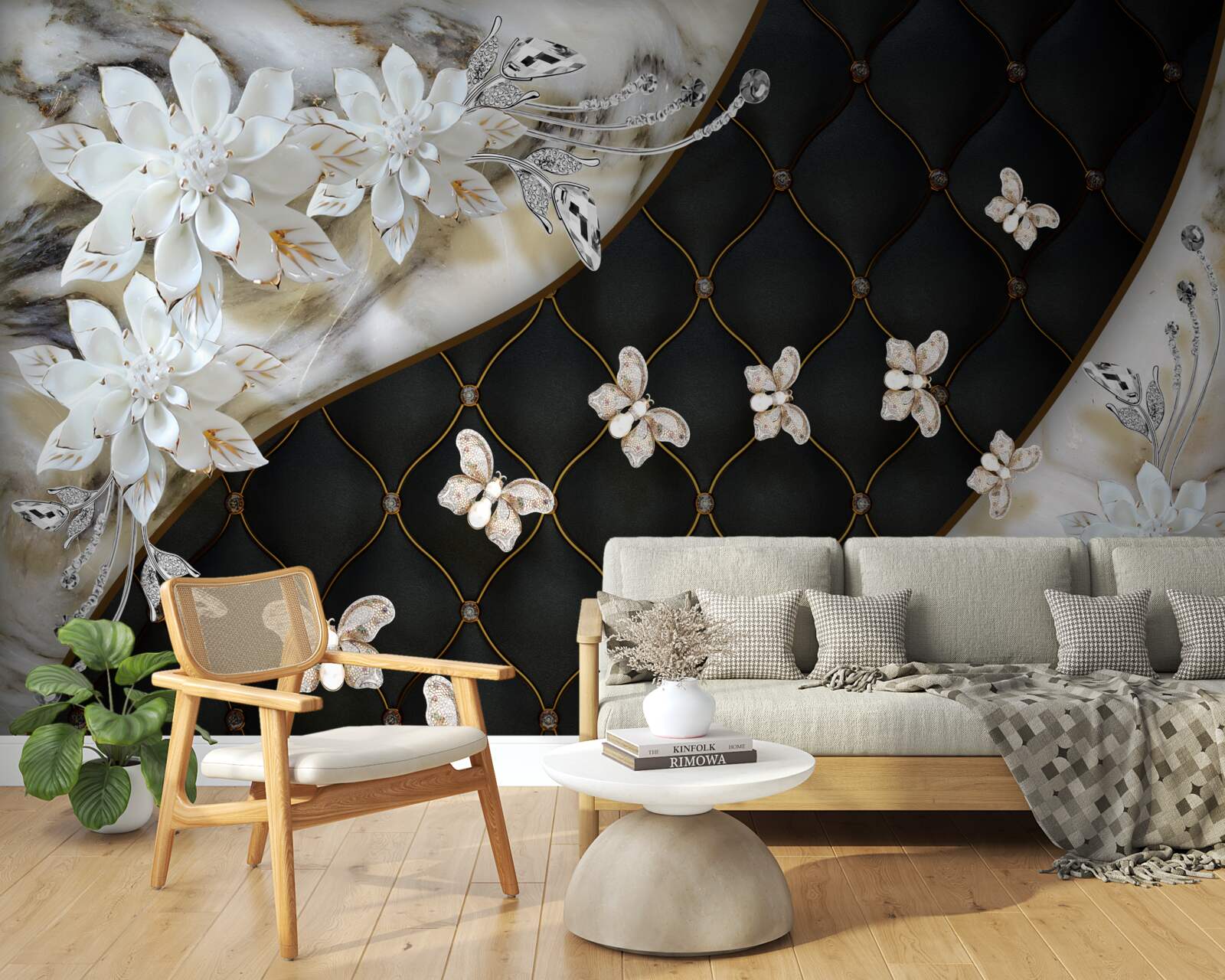 Fotobehang lichte vlinders dalen neer op bloemen