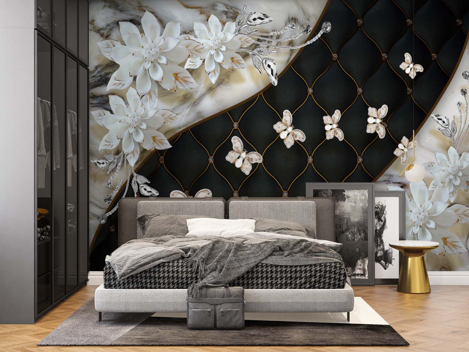 Fotobehang lichte vlinders dalen neer op bloemen