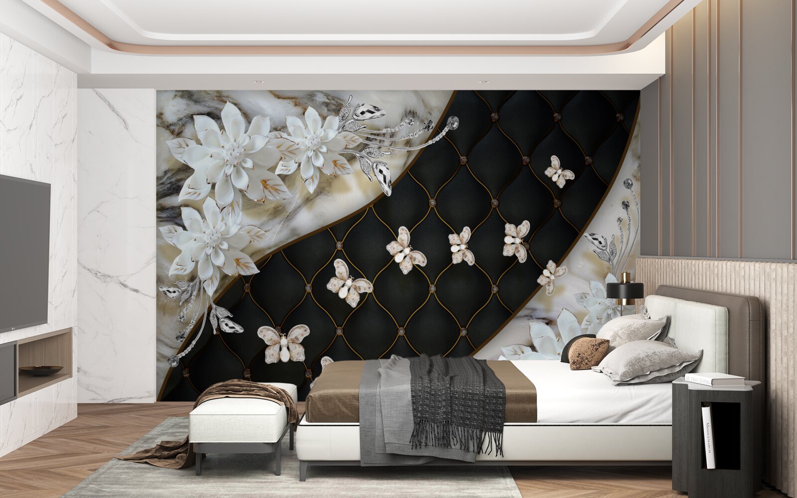 Fotobehang lichte vlinders dalen neer op bloemen