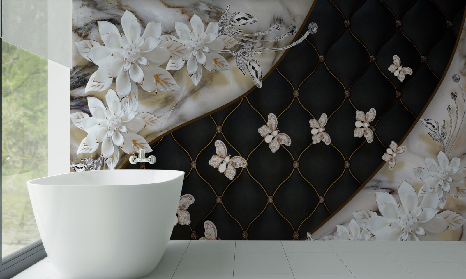 Fotobehang lichte vlinders dalen neer op bloemen