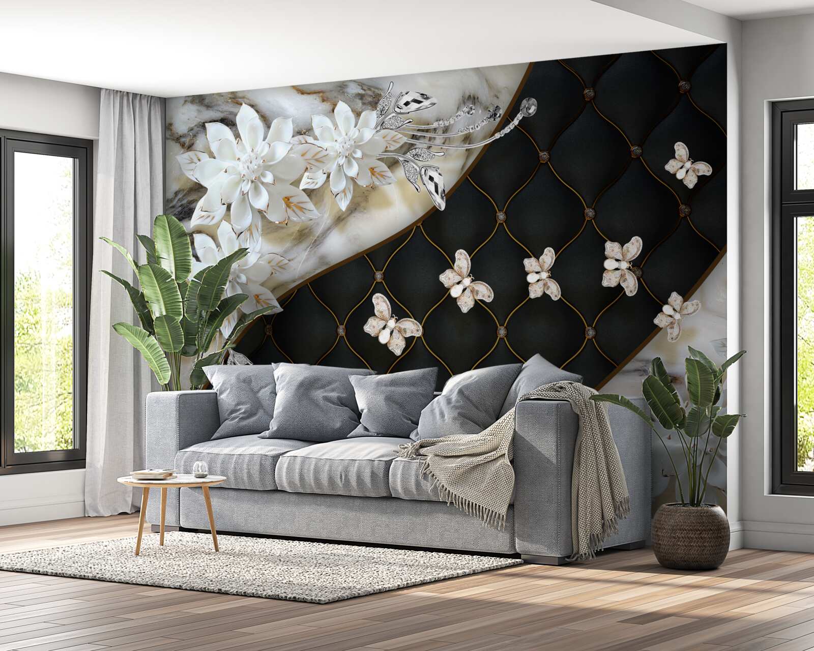 Fotobehang lichte vlinders dalen neer op bloemen