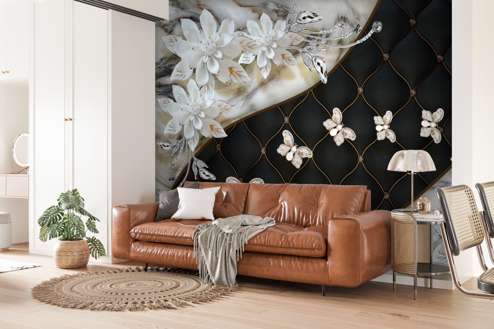 Fotobehang lichte vlinders dalen neer op bloemen