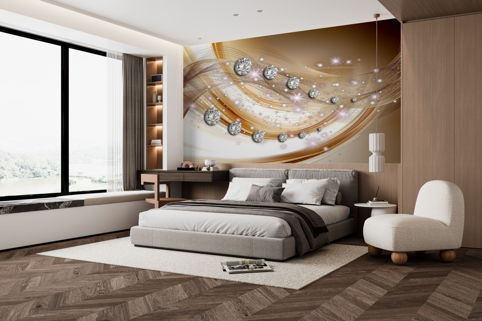 Fotobehang goudzijde met diamanten