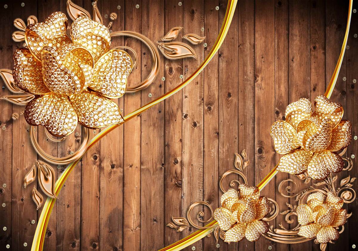 Fotobehang gouden bloemen en takken aan een boom