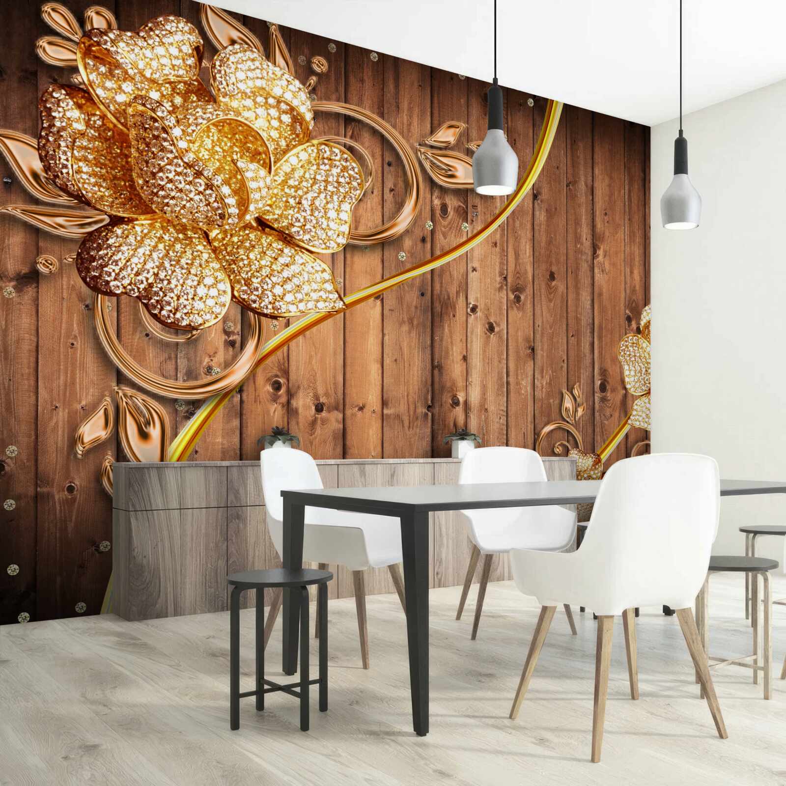 Fotobehang gouden bloemen en takken aan een boom