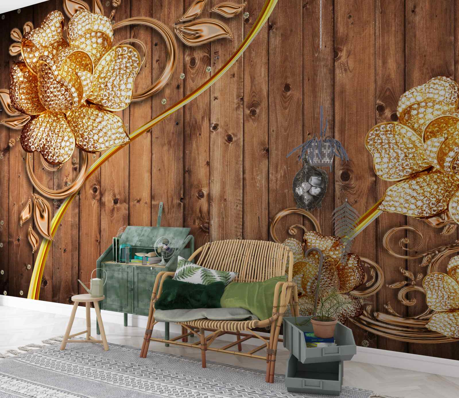 Fotobehang gouden bloemen en takken aan een boom